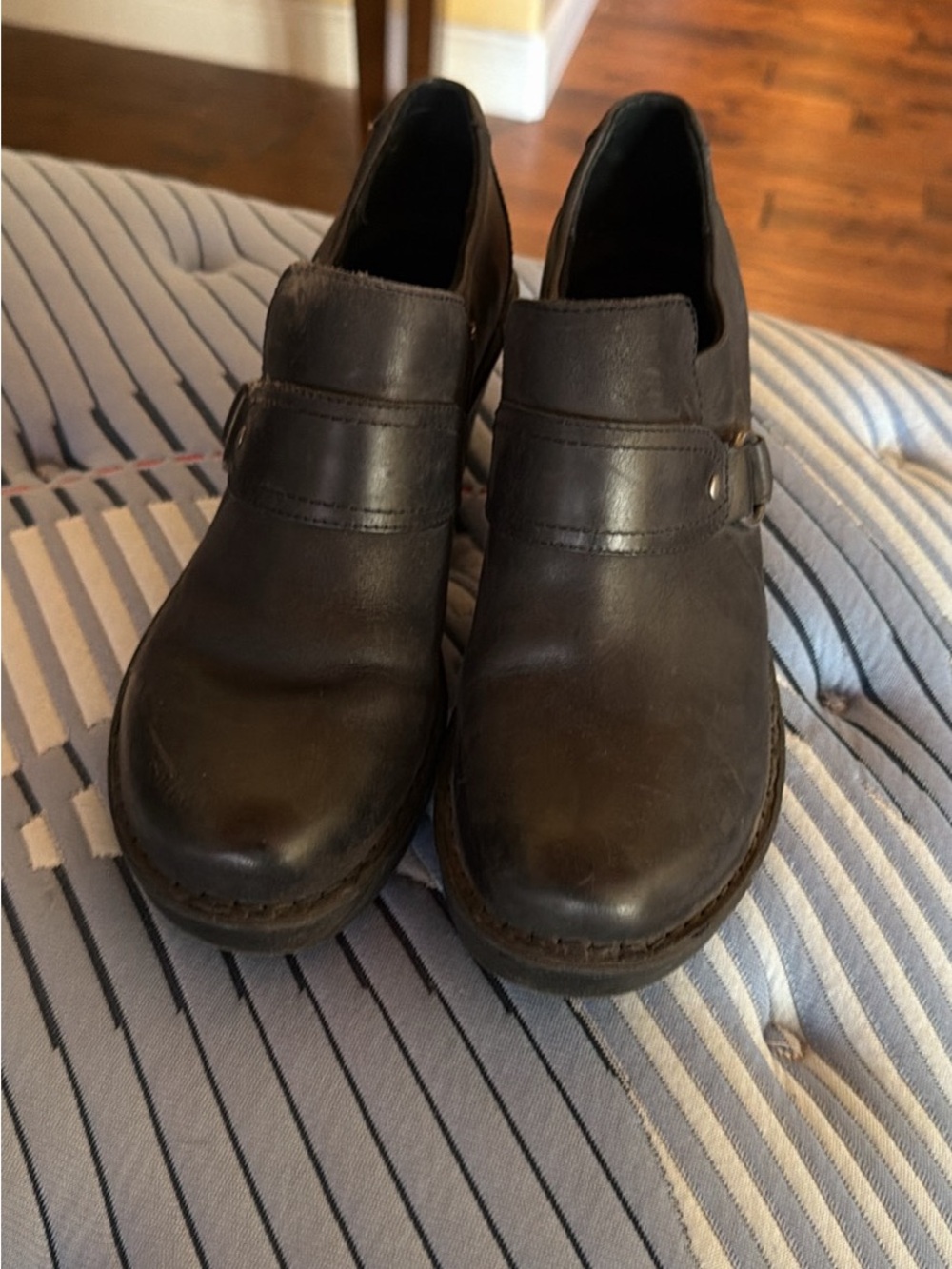 Born Black Leather Slip-On Ankle Booties with Side Buckle